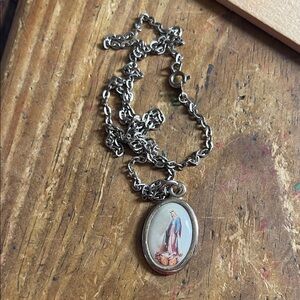 Silver-Tone Religious Medal Necklace with Blue and Pink vintage plastic 19”Italy